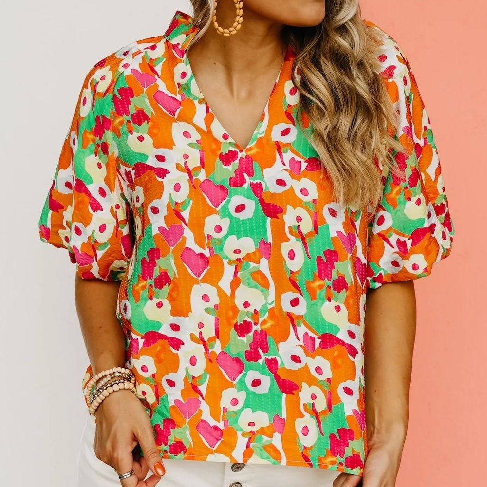 Thml Women’s The Marcelo Puff Sleeve Floral Blouse Large Euc Bright Feminine